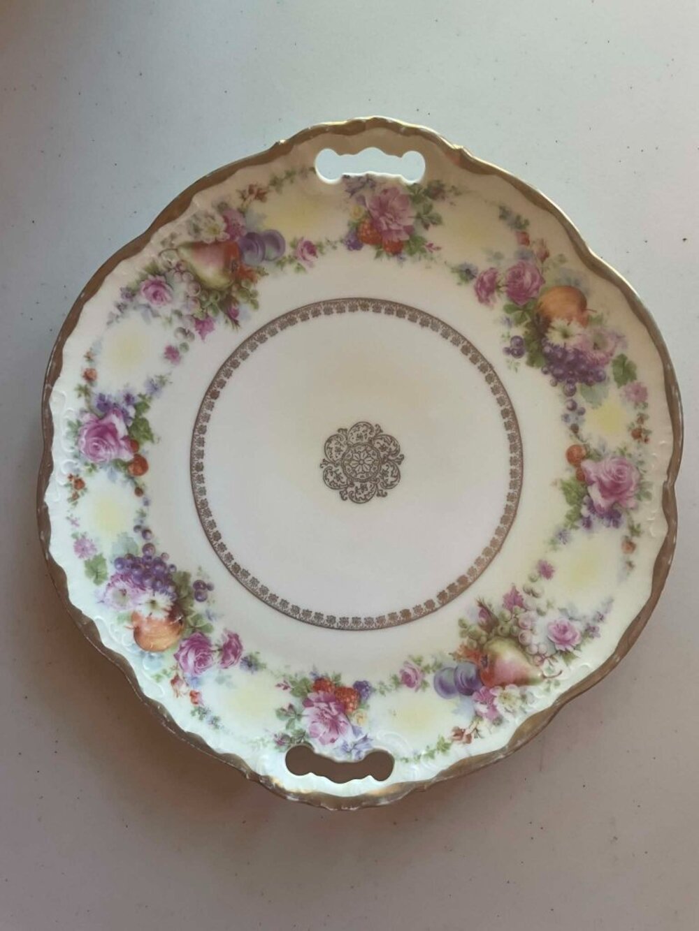 Antique c1910-1918 Elbogen Austria Porcelain Cake Plate Floral Fruit Golden rim